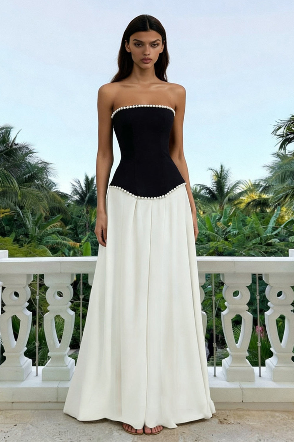 Strapless A-Line Black and White Maxi Formal Dress With Pearls