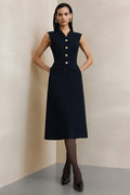 Simple Black A Line Single Breasted Midi Work Dress