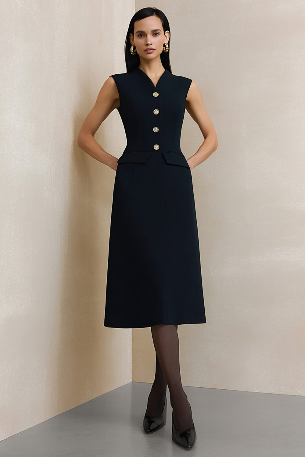 Simple Black A Line Single Breasted Midi Work Dress