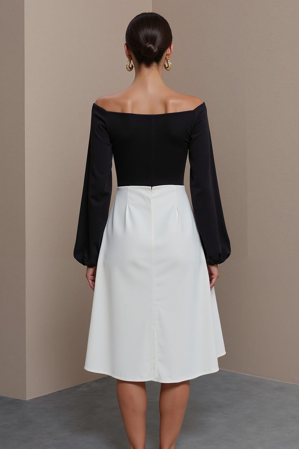 Black and White Long Sleeve A Line Work Dress