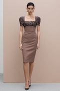 Brown Square Neck Bodycon Midi Work Dress