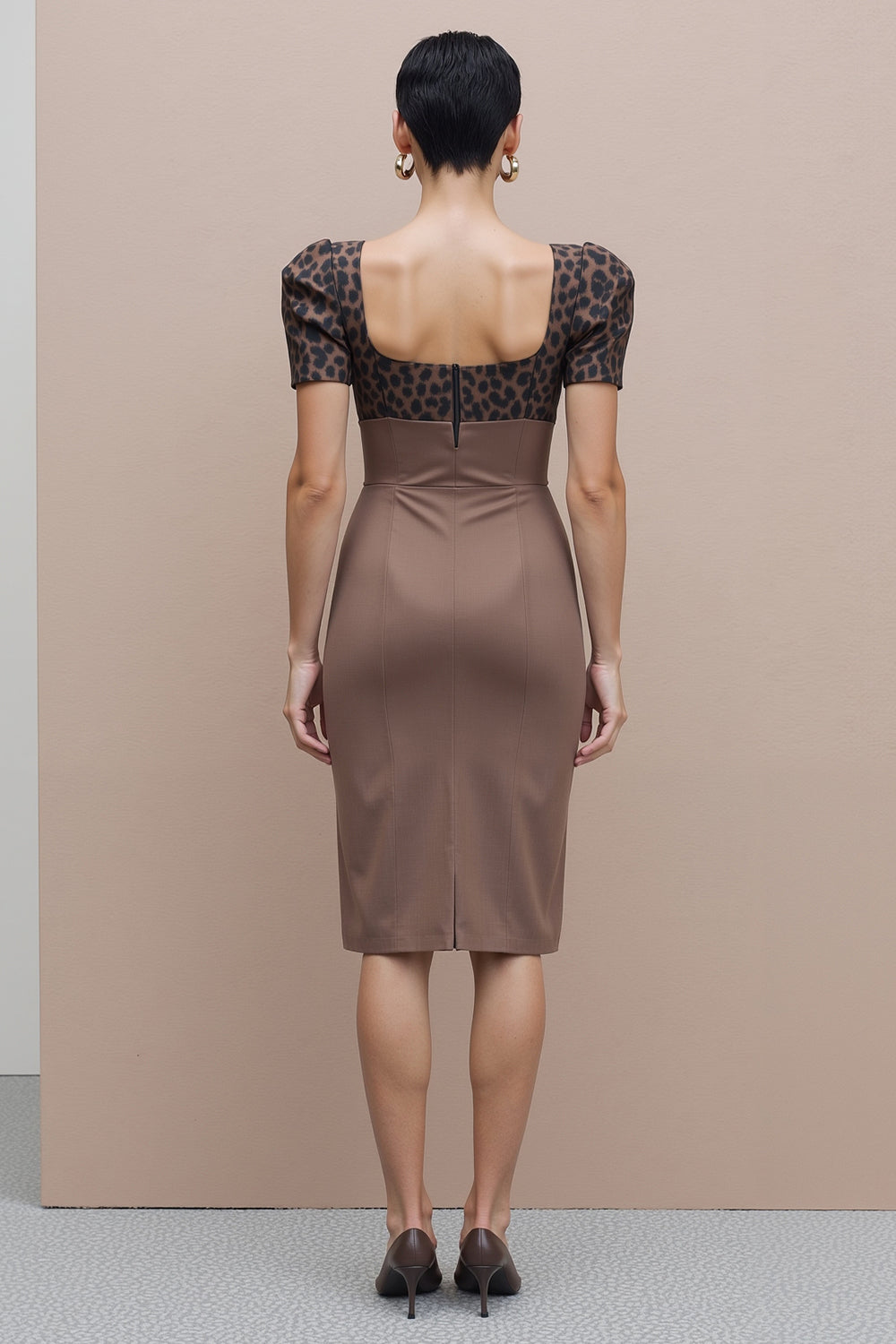Brown Square Neck Bodycon Midi Work Dress