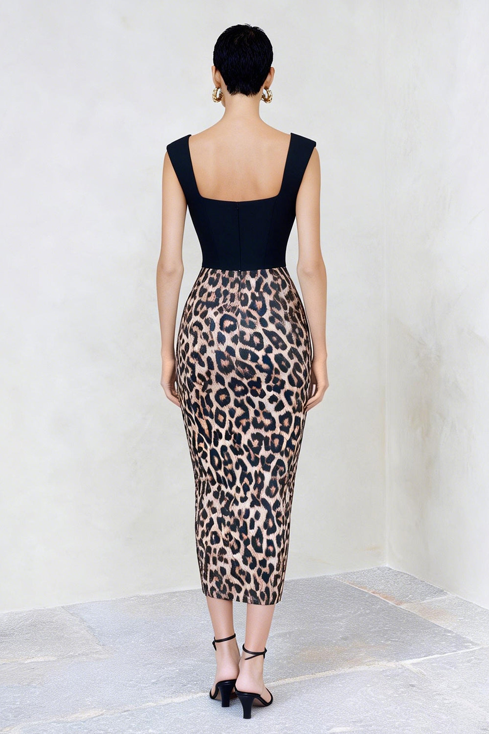 Black and Brown Leopard Bodycon Square Neck Work Dress