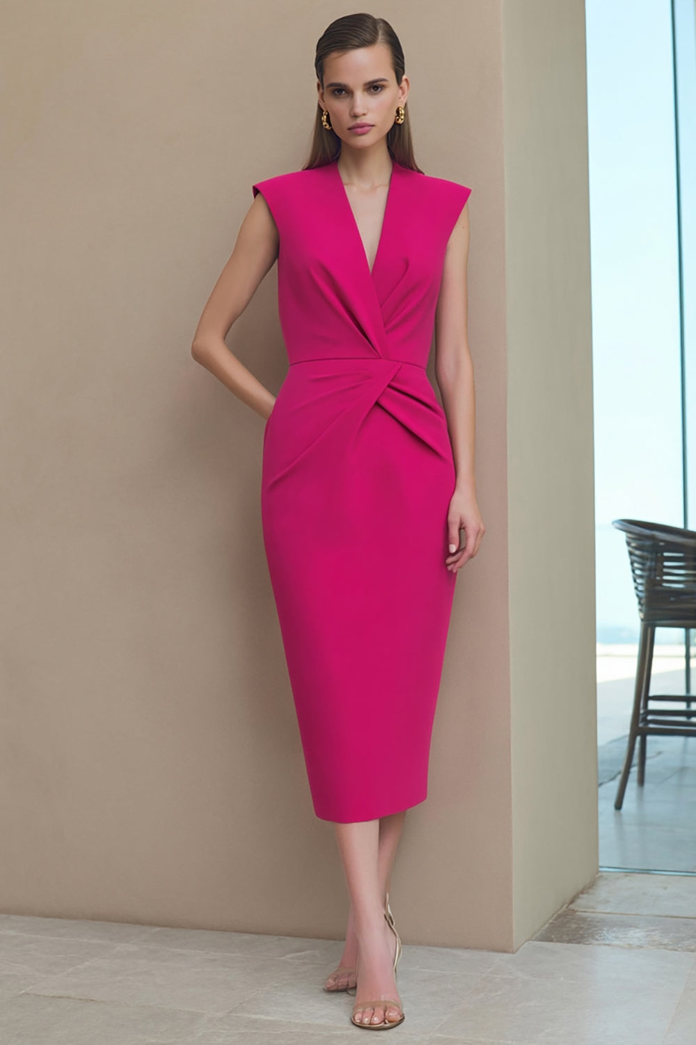 Elegant Fuchsia Ruched Bodycon Midi Work Dress