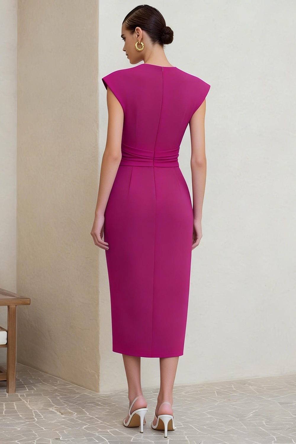 Simple Bodycon Midi Fuchsia Ruched Work Dress
