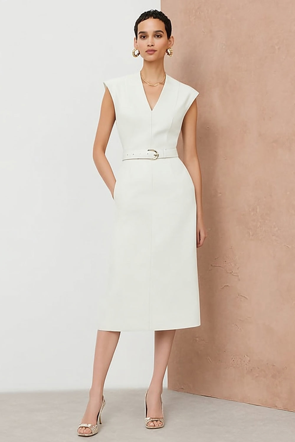 Ivory Sheath Cap Sleeve Midi Work Dress