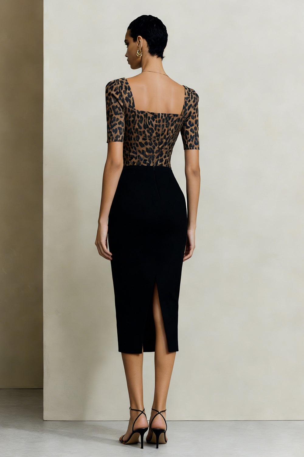 Black and Brown Leopard Square Neck Bodycon Work Dress