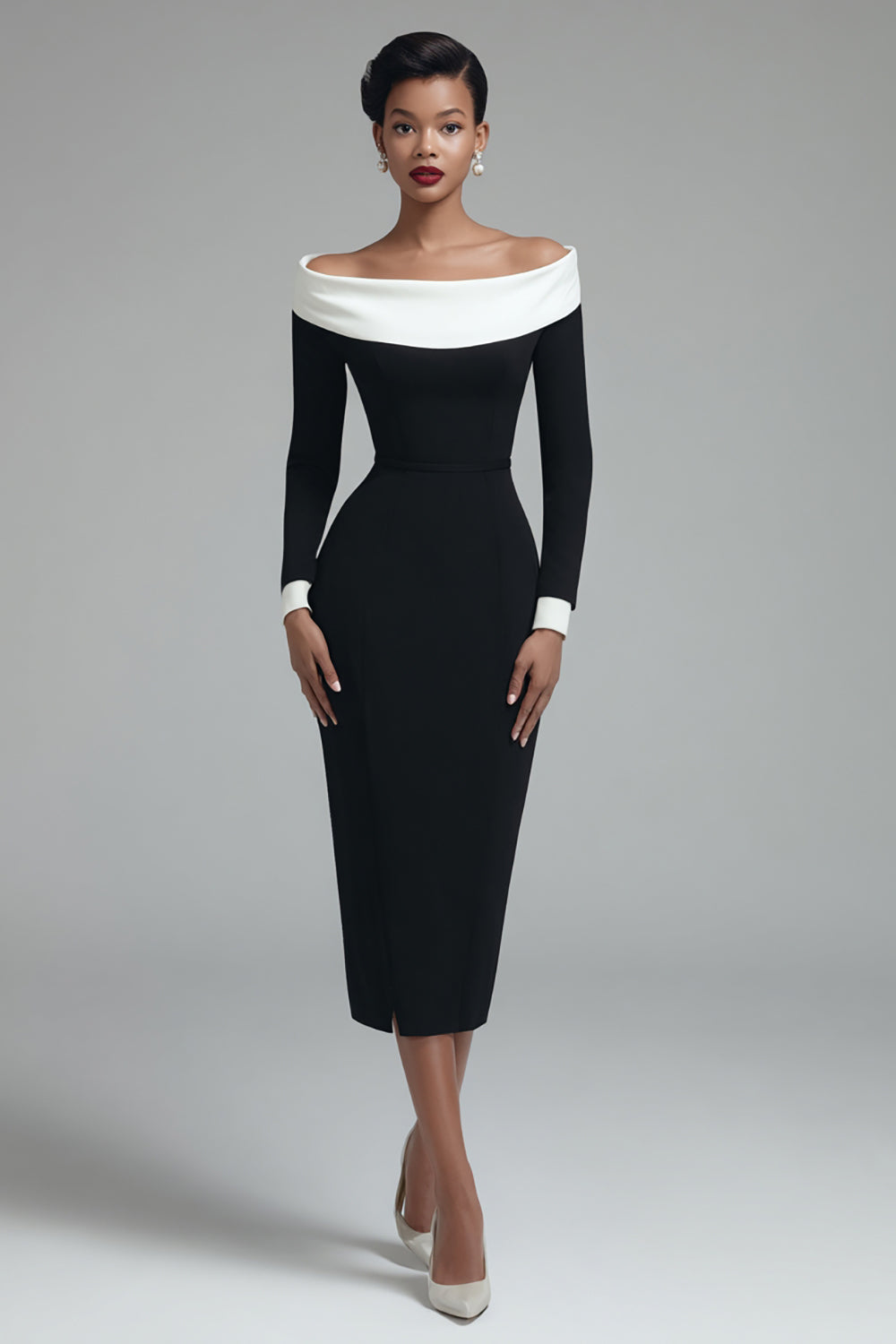 Off the Shoulder Black Bodycon Midi Work Dress
