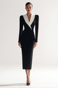 Black Bodycon Long Slleve V Neck Midi Work Dress