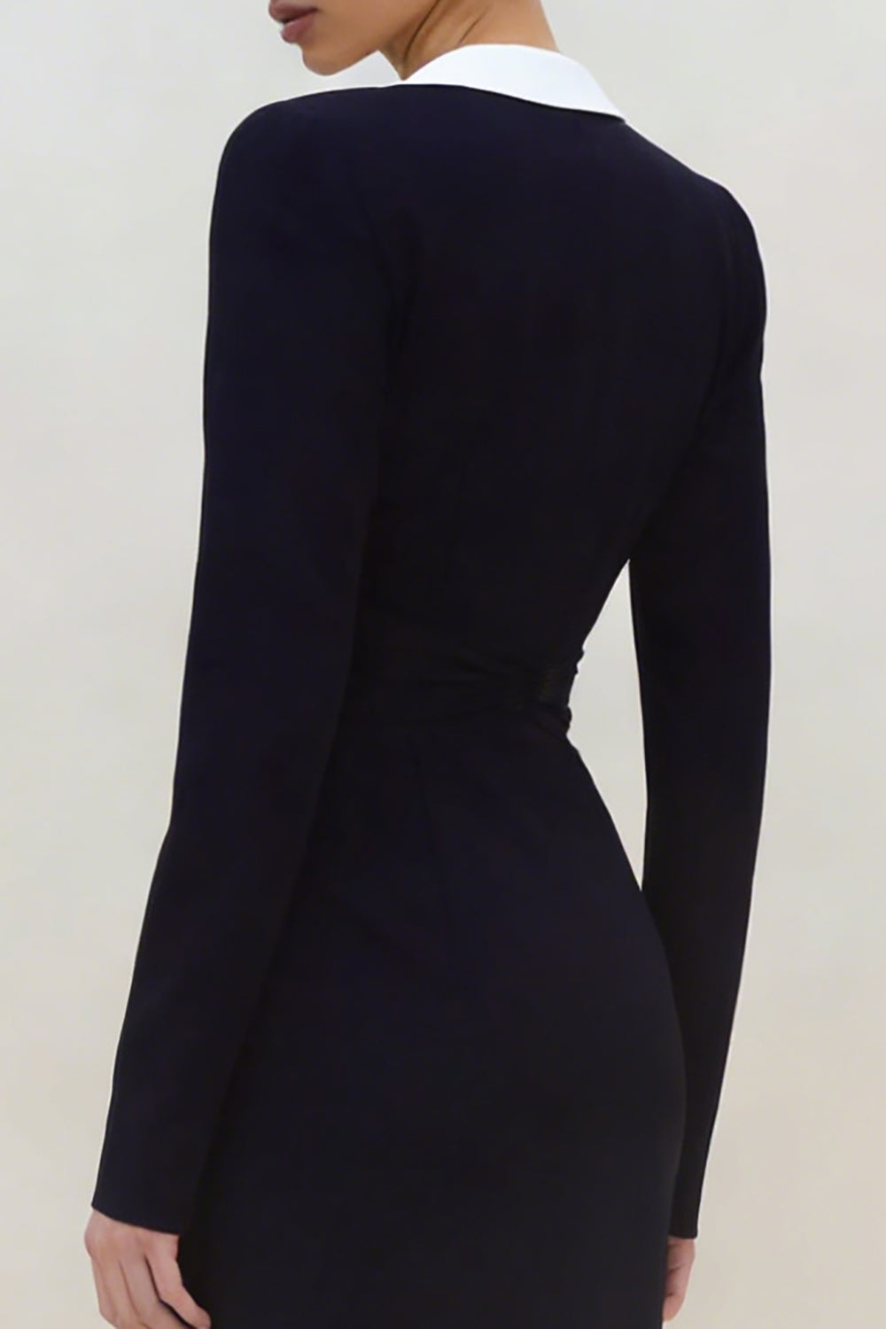 Black Long Slleve Ruched Work Dress with Slit