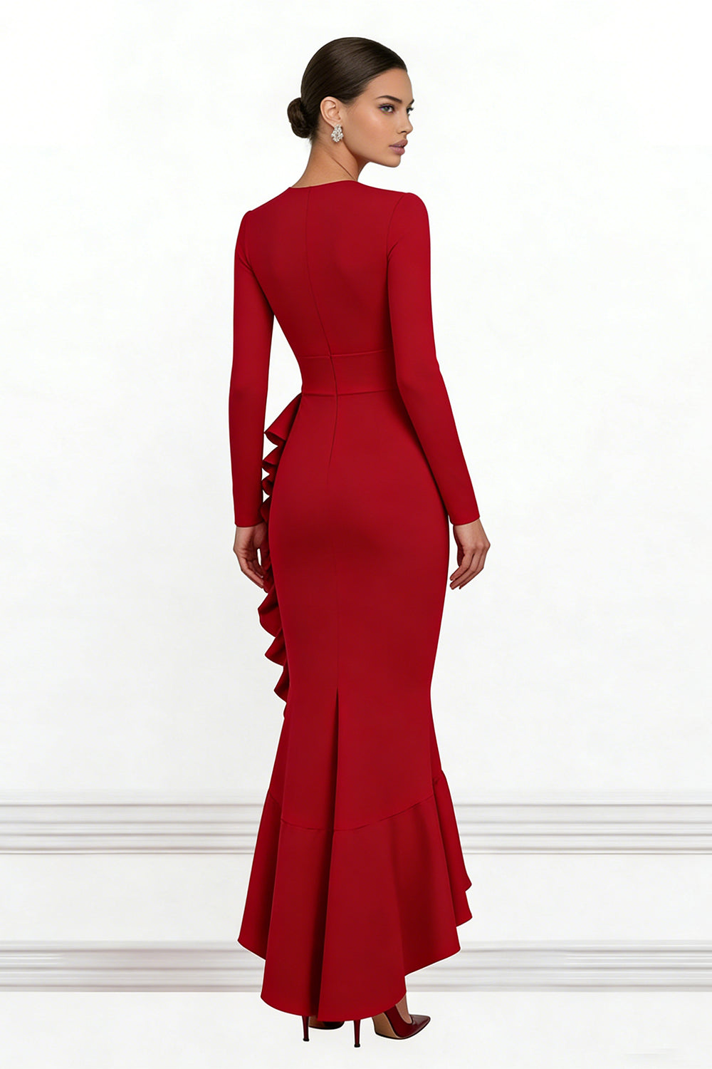 Red Long Sleeve Mermaid Ruffled Formal Dress