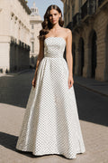 White Black Polka Dot Strapless A Line Prom Dress