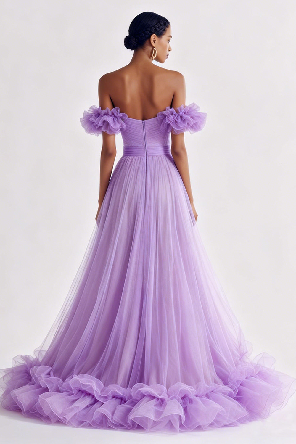 Lilac Off the Shoulder A Line Ruffled Tulle Prom Dress