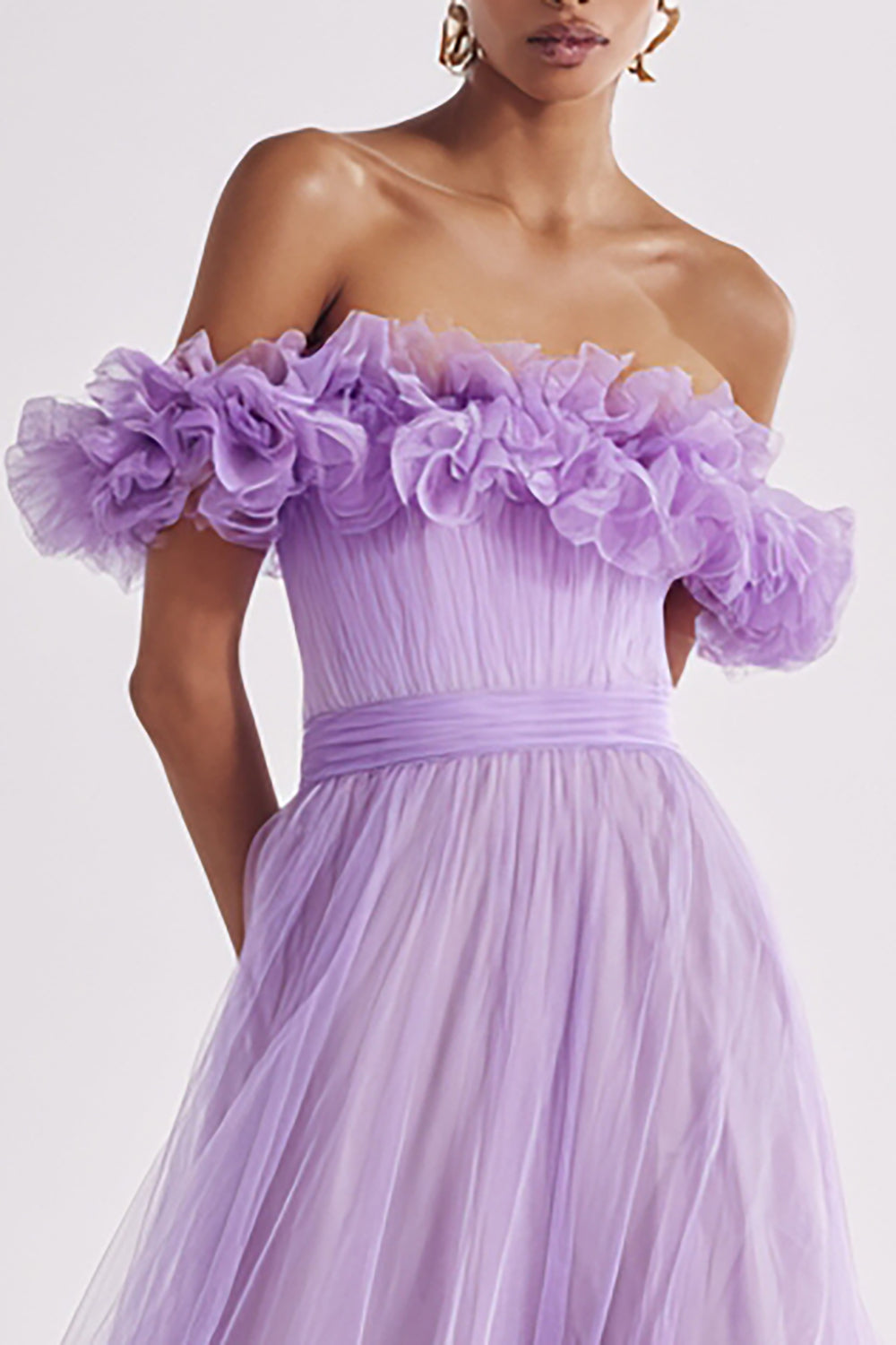 Lilac Off the Shoulder A Line Ruffled Tulle Prom Dress
