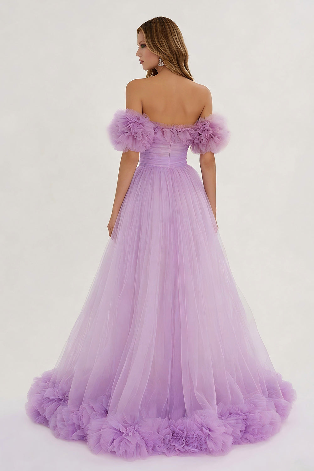 Lilac A Line Maxi Tulle Prom Dress with Ruffles