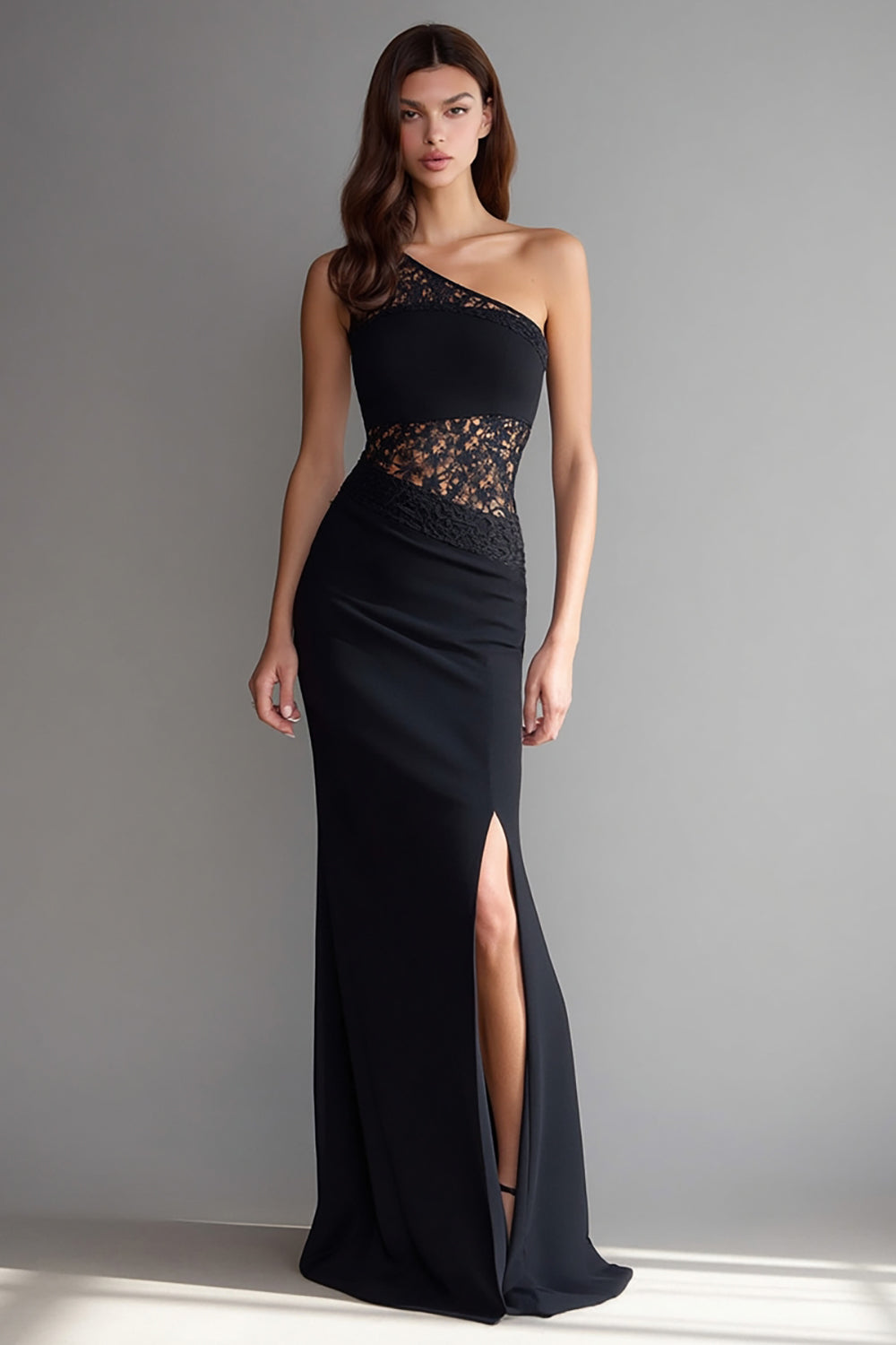 Black One Shoulder Mermaid Lace Maxi Formal Dress