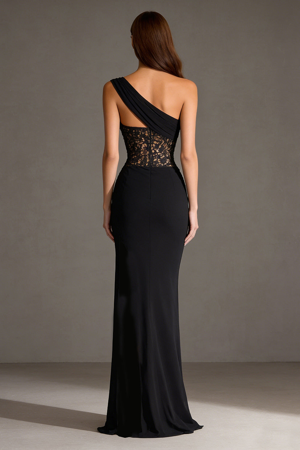 One Shoulder Black Lace Maxi Formal Dress