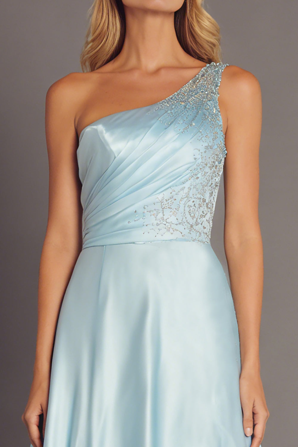 One Shoulder Sky Blue Satin A Line Formal Dress