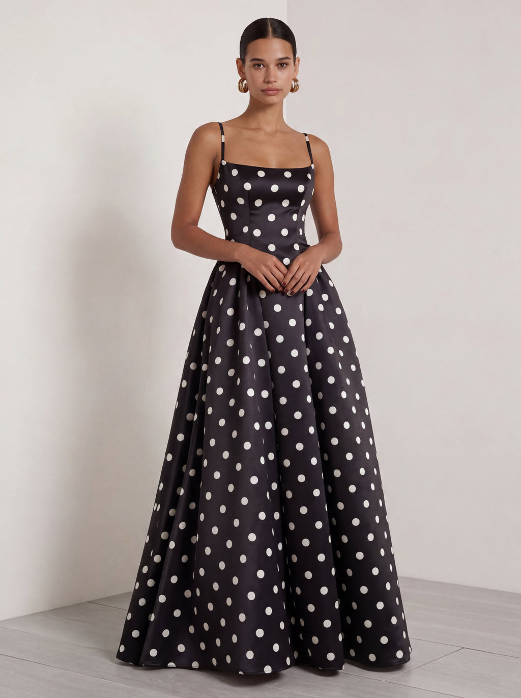 White Black Polka Dot A Line Maxi Formal Dress