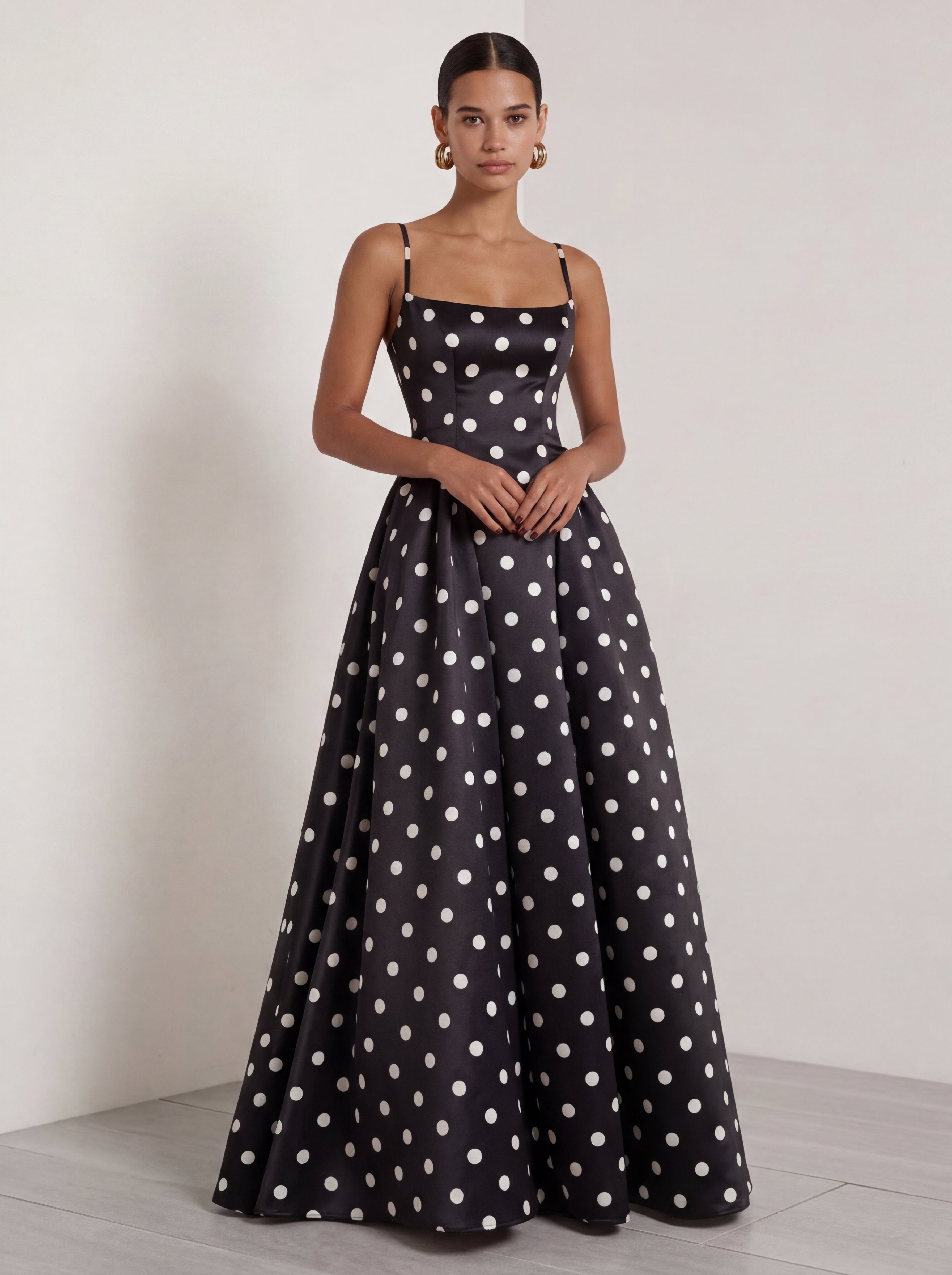 White Black Polka Dot A Line Maxi Formal Dress