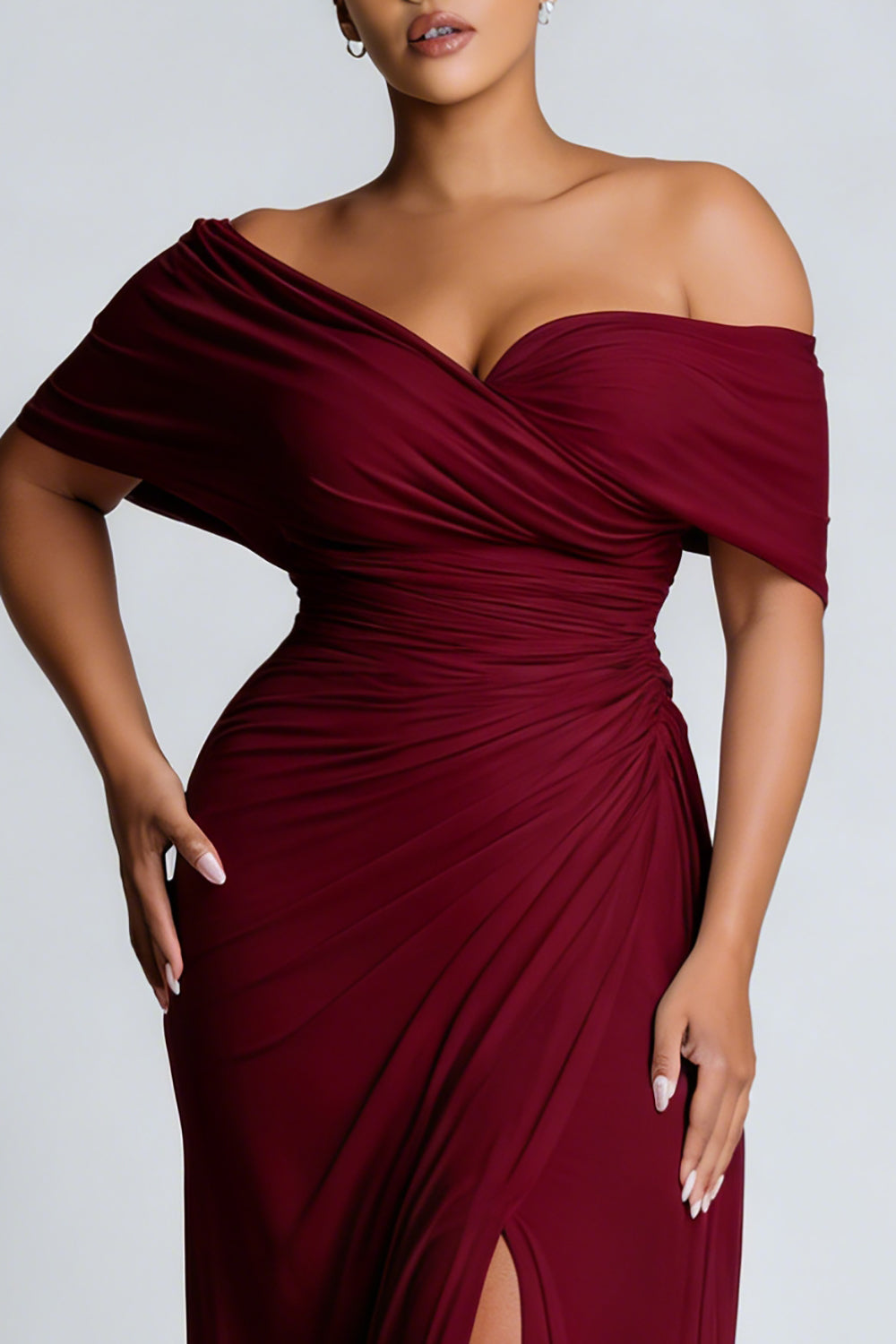 Burgundy Off the Shoulder Ruched Sheath Formal Dress