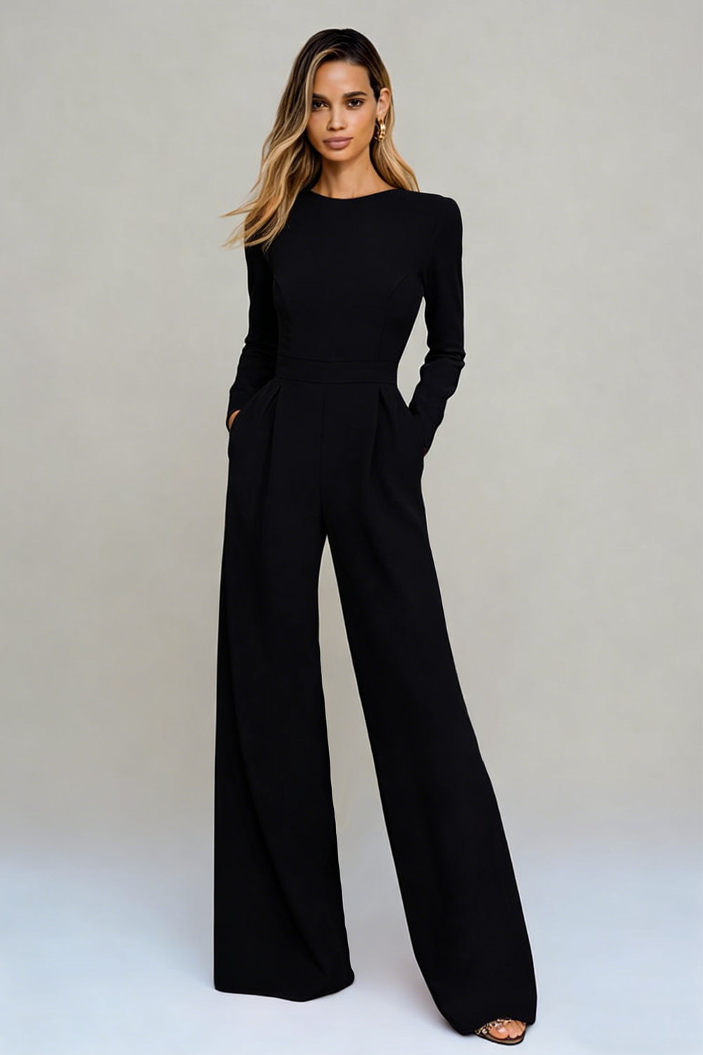 Simple Long Sleeve Black Cut Out Formal Jumpsuit
