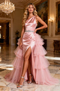 Pink One Shoulder Satin Mermaid Prom Dress With Slit