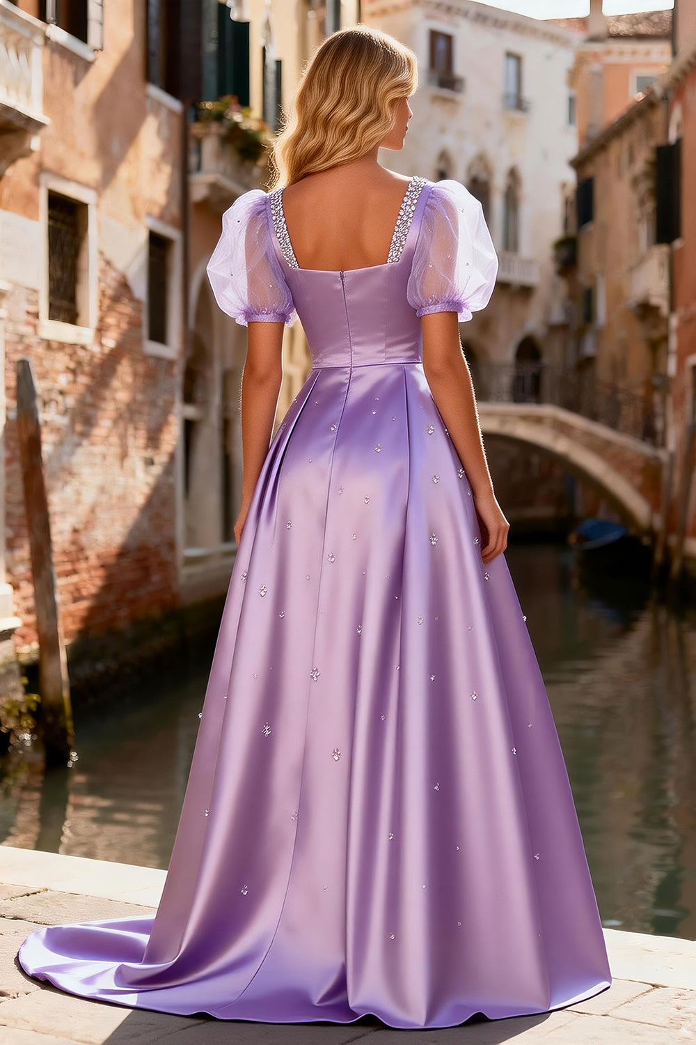 Princess Beaded Light Purple Maxi Prom Dress with Puff Sleeves
