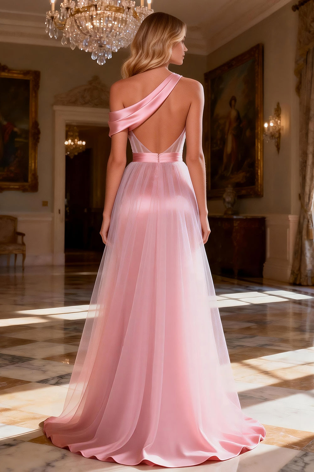 One Shoulder Pink A-Line Sequin Maxi Prom Dress With Slit
