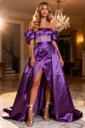 Purple Satin A-Line Off The Shoulder Prom Dress With Slit
