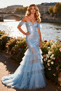 Sparkly Sky Blue Mermaid Off The Shoulder Prom Dress