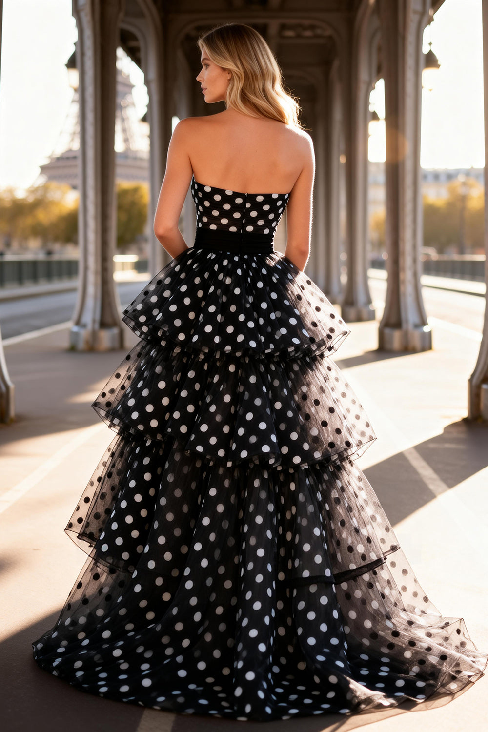 Strapless Polka Dot Tiered A-Line Long Prom Dress
