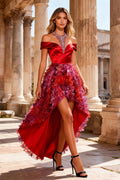 Sparkly Red Satin High Low Prom Dress with Ruffles