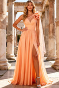 Peach One Shoulder A Line Prom Dress with Ruffles