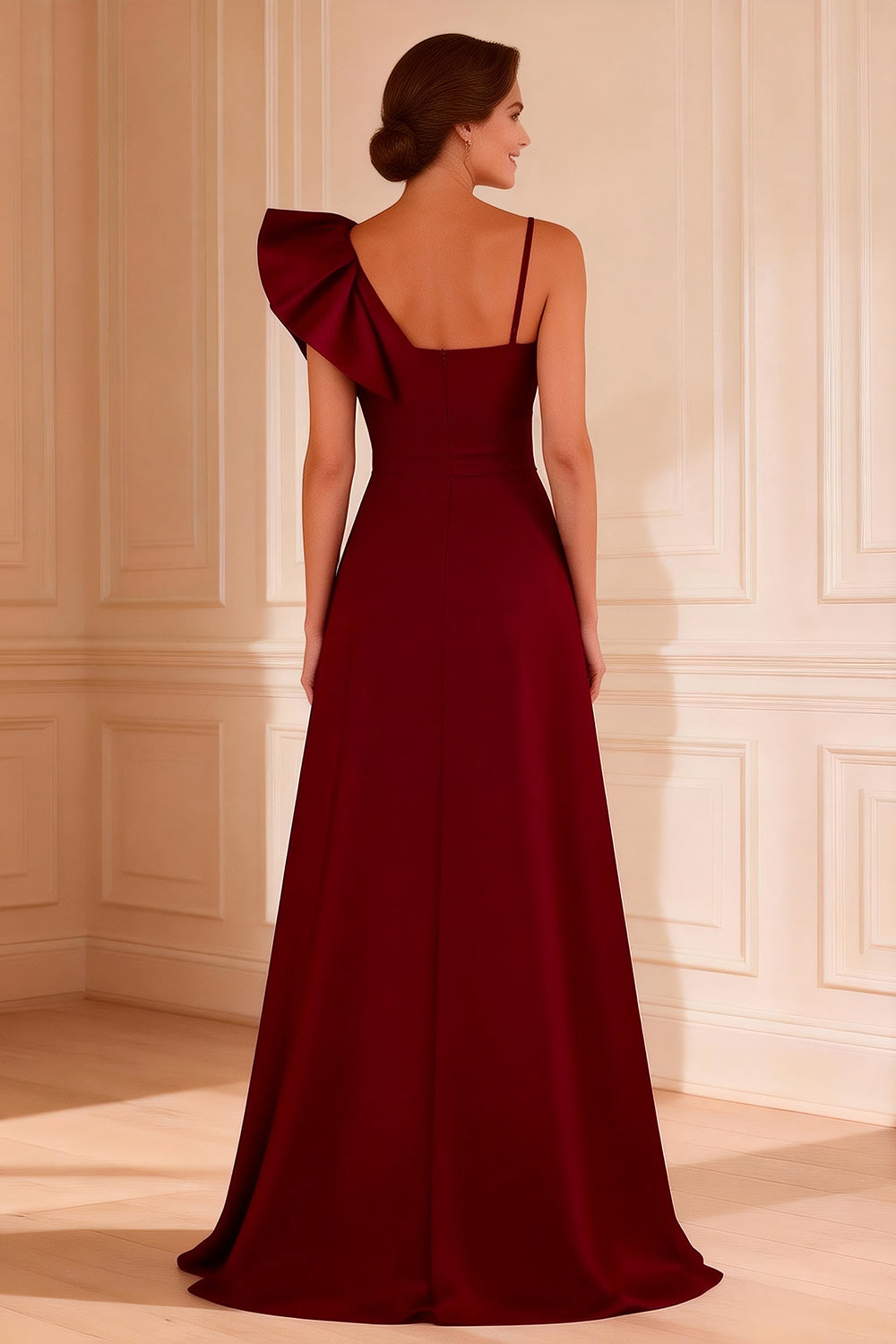 Burgundy Asymmetrical Neck Ruffled Mother of the Bride Dress