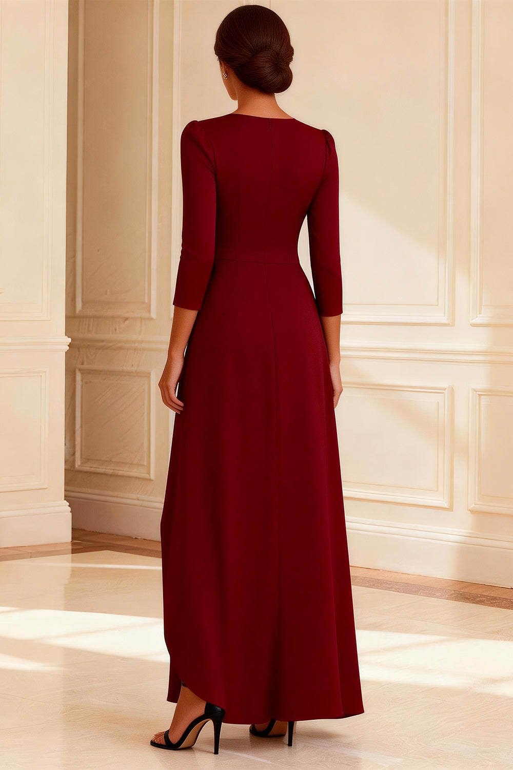 Burgundy A Line Bowed V Neck Mother of the Bride Dress