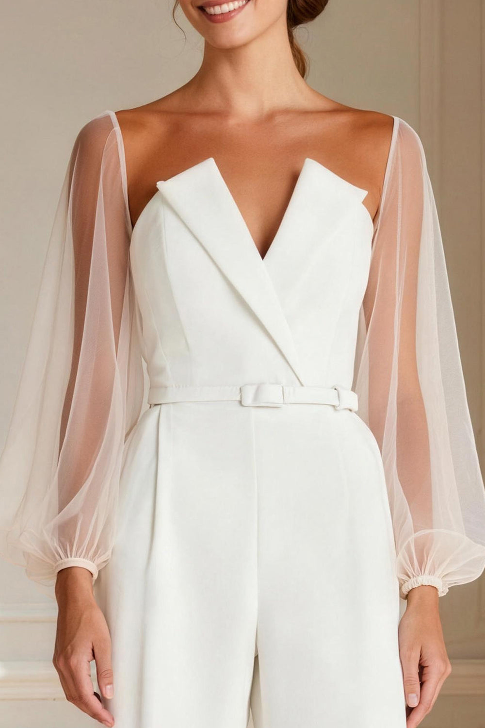 White Long Sleeve Mother of the Bride Jumpsuit with Belt