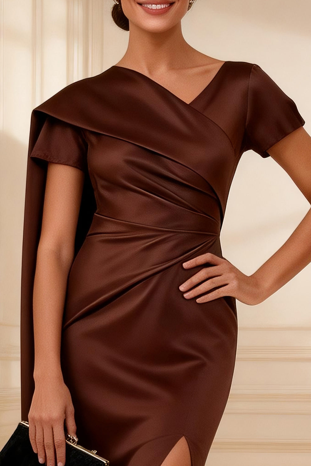 Chocolate Satin Ruched Mother of the Bride Dress