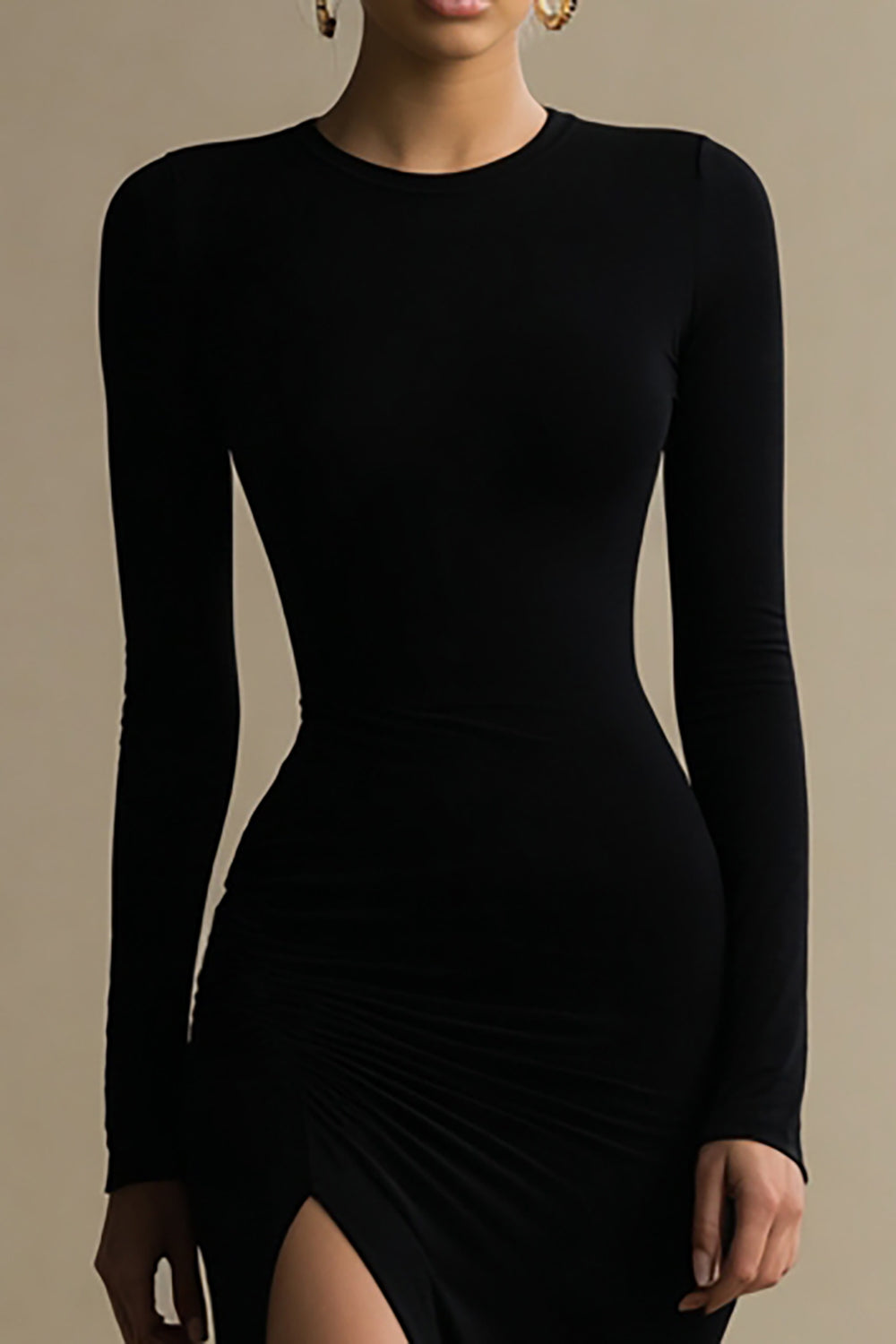 Mermaid Long Sleeve Black Tie Dress With Slit