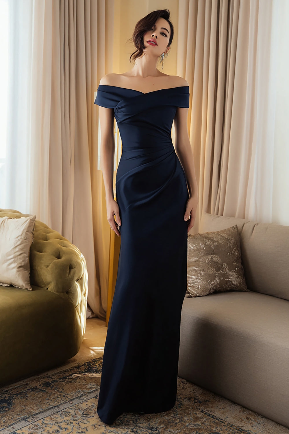 Navy Off The Shoulder Sheath Long Formal Dress