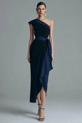 Sheath One Shoulder Black Semi-Formal Dress with Sash