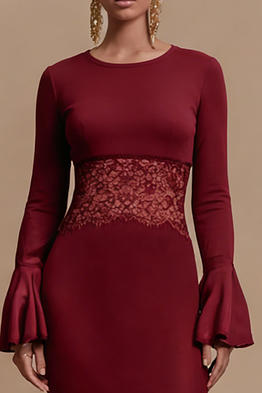Burgundy Sheath Satin Maxi Formal Dress with Flare Sleeves