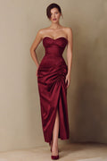 Burgundy Strapless Ruched Sheath Formal Dress With Slit