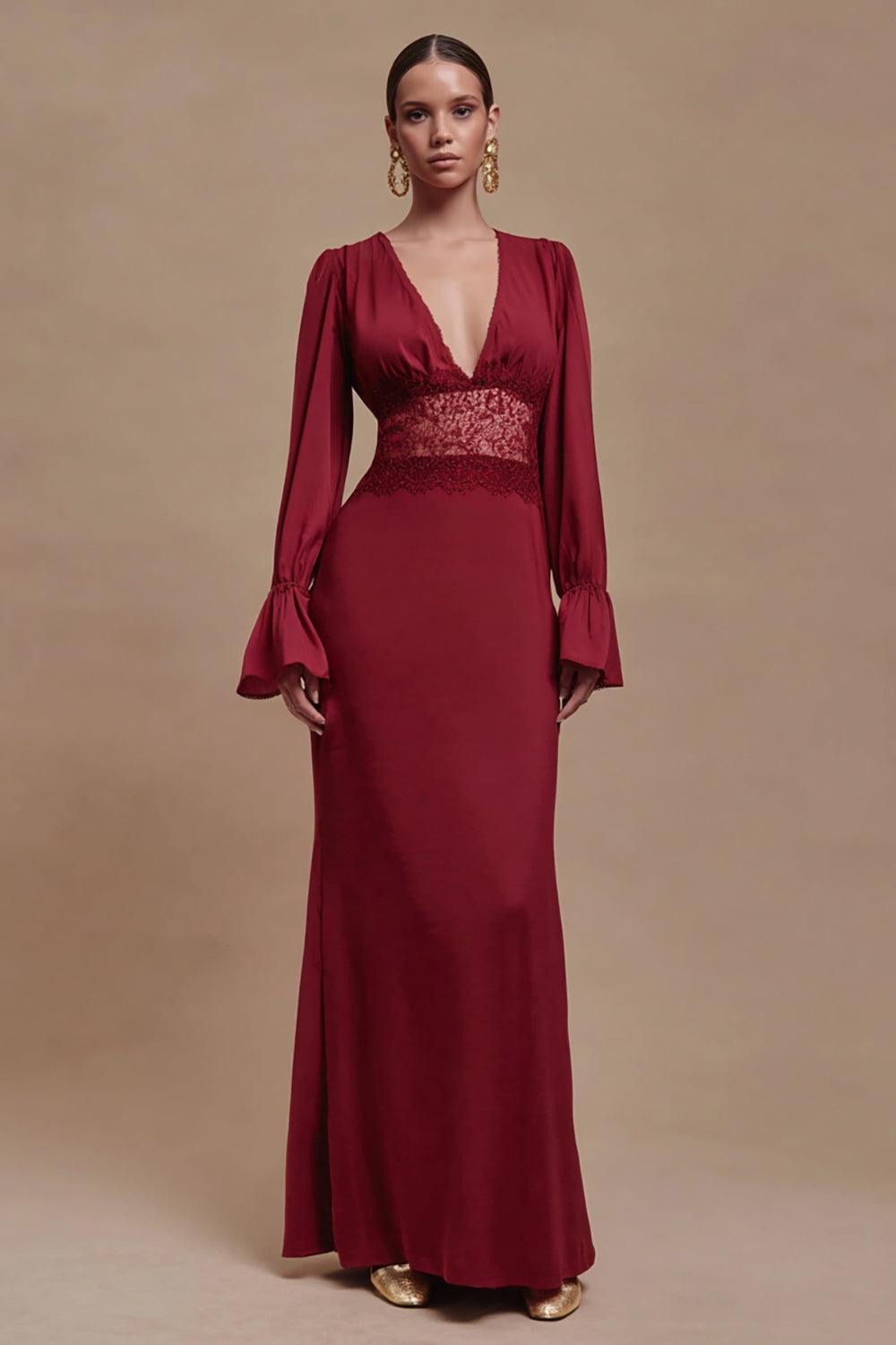 Burgundy Sheath Lace Formal Dress with Long Sleeves