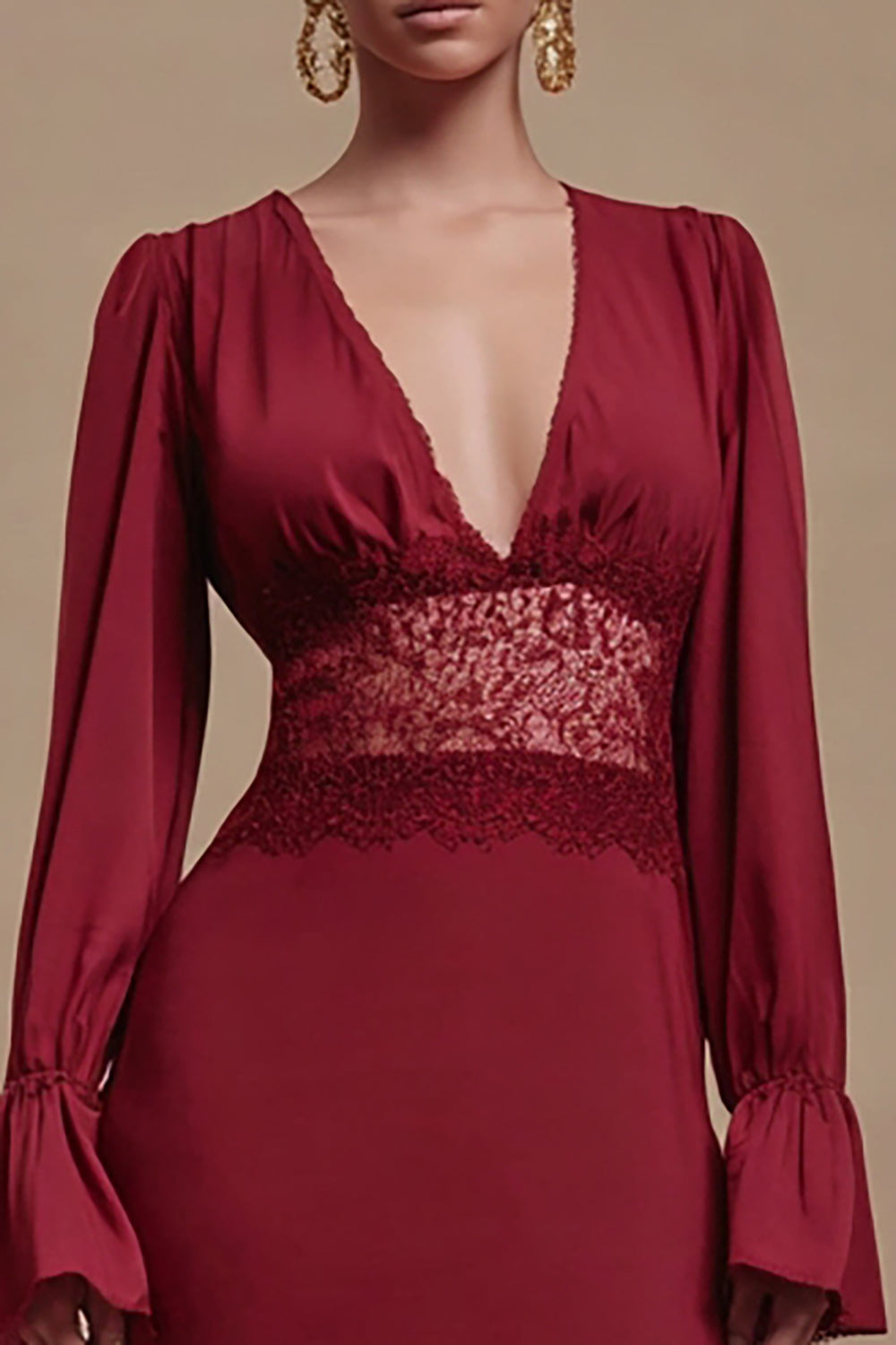 Burgundy Sheath Lace Formal Dress with Long Sleeves