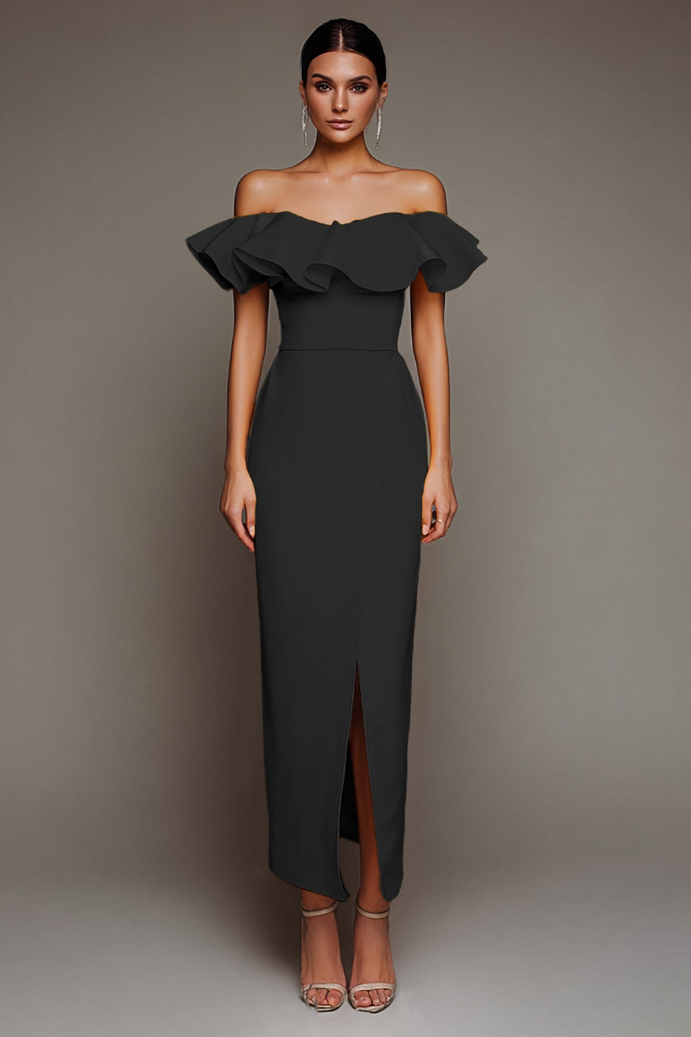 Off The Shoulder Sheath Ruffled Black Tie Dress With Slit