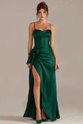 Dark Green Sheath Bowed Satin Maxi Dress With Slit