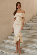 Off the Shoulder Mermaid Ruffled Midi White Dress
