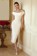 Off the Shoulder Satin Mermaid Midi White Dress