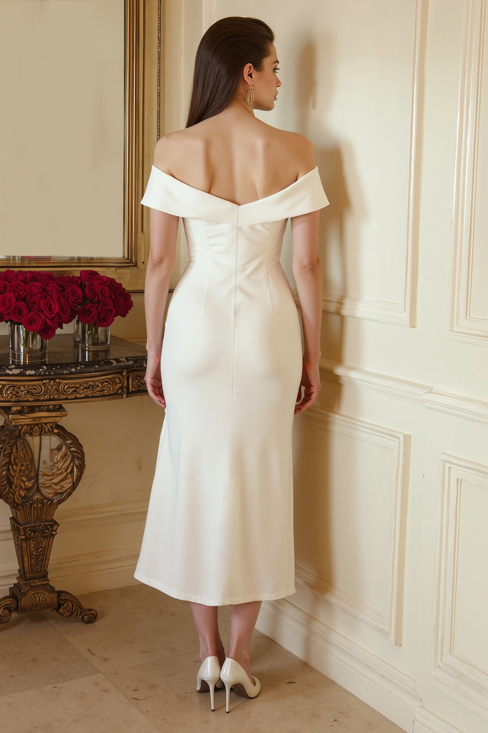 Off the Shoulder Satin Mermaid Midi White Dress